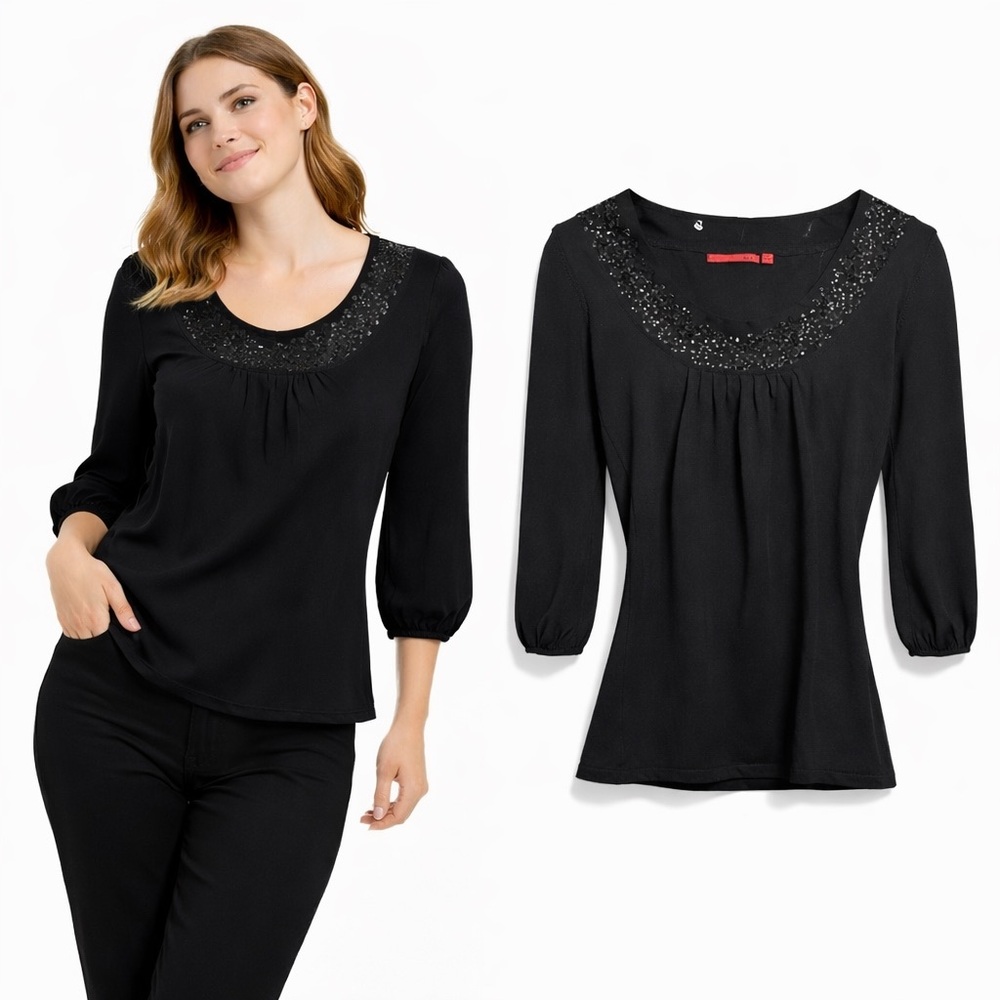 RED Womens Black Sequin Scoop Neck‎ 3/4 Sleeve Knit Blouse Top Size M